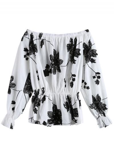 Oasap Off Shoulder Long Sleeve Floral Loose Pullover Blouse