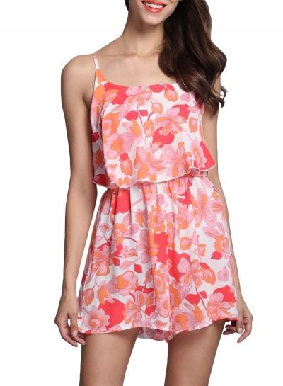 Oasap Women's Sleeveless Spaghetti Strap Floral Print Layered Romper
