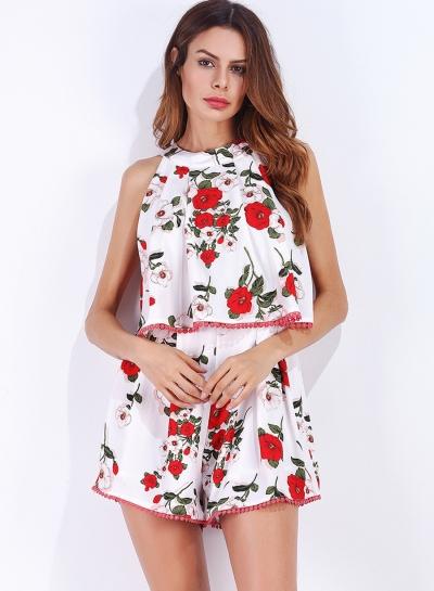 Oasap Bohemian Floral Print Halter Sleeveless Tassels Romper