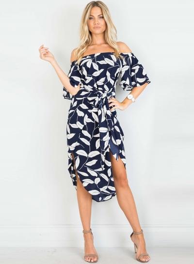 Oasap Off Shoulder Short Sleeve Leaf Printed Midi Dress With Belt