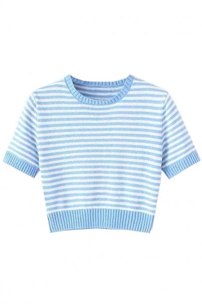 Oasap Striped Short Sleeve Round Neck Knit Crop Top
