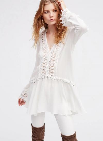 Oasap V Neck Long Sleeve Lace Panel Lace-up Mini Dress