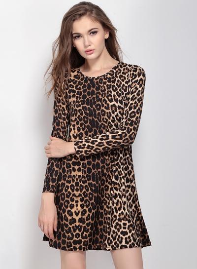 Oasap Women's Leopard Print Long Sleeve A-line Dress