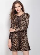 Oasap Women's Leopard Print Long Sleeve A-line Dress