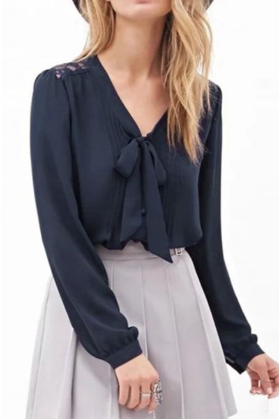 Oasap Elegant Solid Bow Button Down Blouse