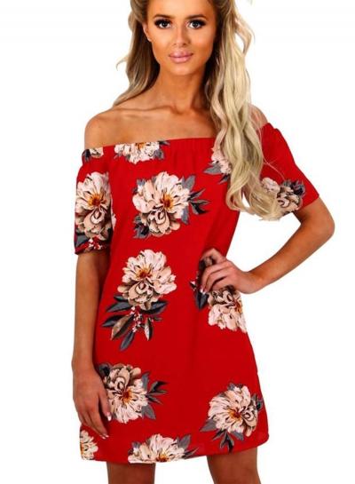 Oasap Off Shoulder Short Sleeve Floral Print Mini Dress
