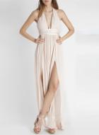 Oasap Halter V Neck Sleeveless Split Maxi Pleated Dress