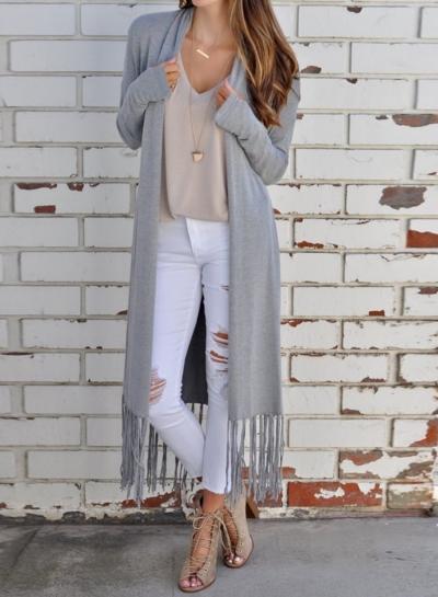 Oasap Long Sleeve Solid Color Open Front Fringe Knit Cardigan