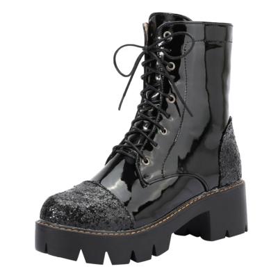 Oasap Round Toe Block Heels Platform Sequin Boots