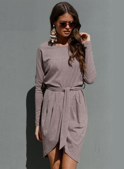 Oasap Fashion Solid Long Sleeve Irregular Dress With Belt