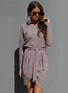 Oasap Fashion Solid Long Sleeve Irregular Dress With Belt