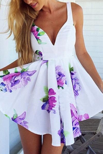 Oasap Floral Plunging Neck Mini Dress