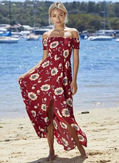 Oasap Off Shoulder Short Sleeve Floral Printed High Low Dress
