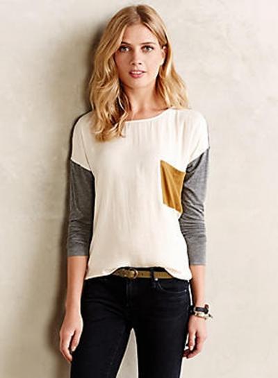 Oasap Round Neck Pocket Splicing Color Block Tee Shirt