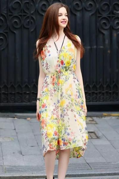 Oasap Goddess Floral Print Sleeveless Flowy V Neck Dress For Woman