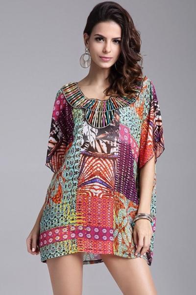 Oasap Mixed Print Batwing Sleeve Loose Blouse