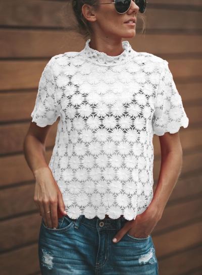 Oasap Fashion Solid Short Sleeve Floral Lace Hollowed Out Tee Shirt