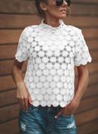 Oasap Fashion Solid Short Sleeve Floral Lace Hollowed Out Tee Shirt