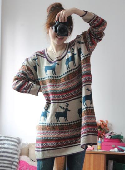Oasap Christmas Deerlet Long Sleeve Pullover Sweater