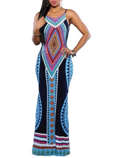 Oasap Spaghetti Strap Backless Tribal Print Slit Maxi Dress