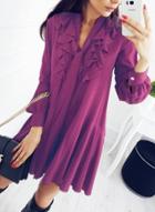 Oasap Chic Solid Color V Neck Ruffled Mini Dess