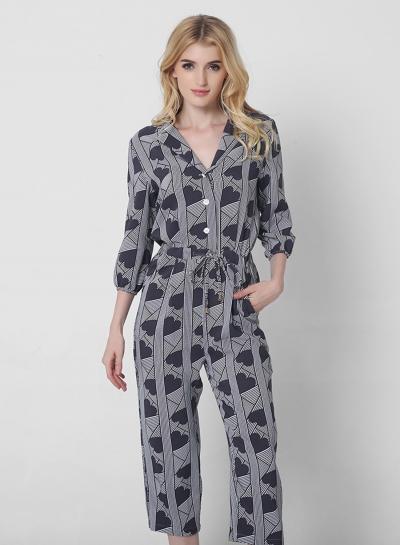 Oasap Notch Lapel Heart Print Long Sleeve Striped Jumpsuit