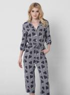 Oasap Notch Lapel Heart Print Long Sleeve Striped Jumpsuit