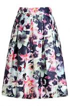 Oasap Neon Floral Print Pleated Swing Skirt