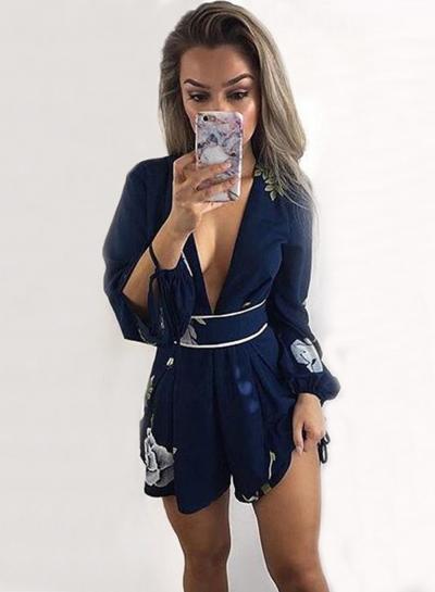 Oasap Fashion Sexy Floral Printed Long Sleeve Lace-up V Neck Jumpsuits