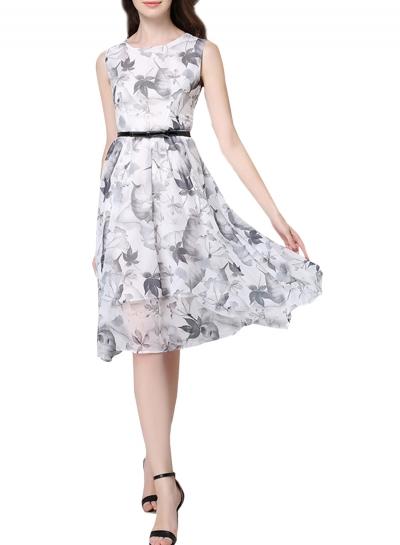 Oasap Women's Fashion Round Neck Wash Floral Painting Dress With Belt