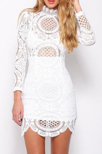Oasap White Crochet Lace High Neck Mini Dress