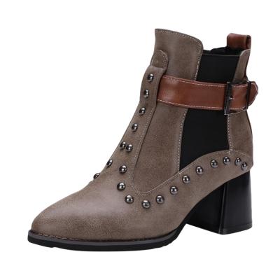 Oasap Pointed Toe Color Block Rivet Block Heels Buckle Strap Boots