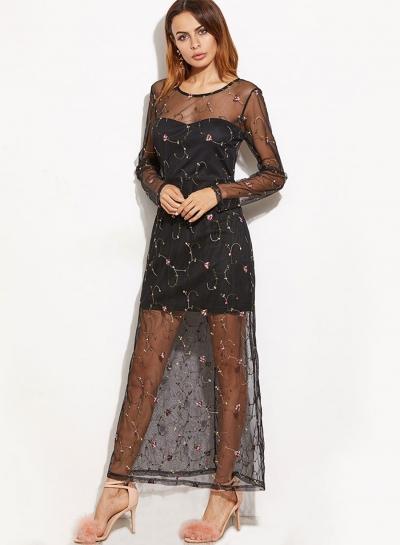 Oasap Long Sleeve Backless See Through Maxi Dresses