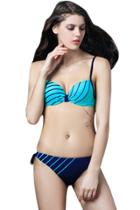 Oasap Women Color Block Striped Print Side Tie Two Piece Swimsuit