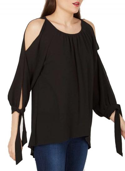 Oasap Round Neck Slit Lace Up Blouses
