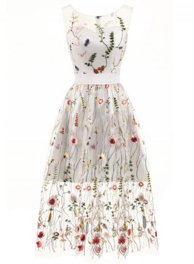 Oasap Elegant Sleeveless Floral Embroidery Maxi Prom Dress