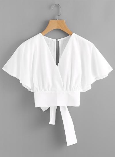 Oasap Deep V Cut Split Back Bow Tie Blouse