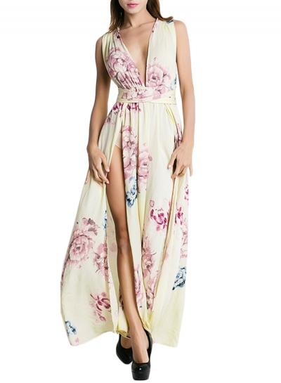 Oasap Women's Deep V Neck Sleeveless Side High Slit Maxi Dress