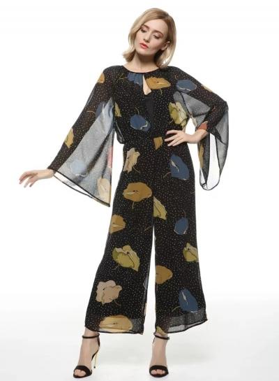 Oasap Leaf Print Wide Leg Chiffon Jumpsuit
