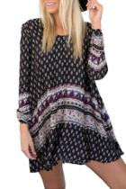 Oasap Women Boho Print Long Sleeve Loose Fit Trapeze Dress