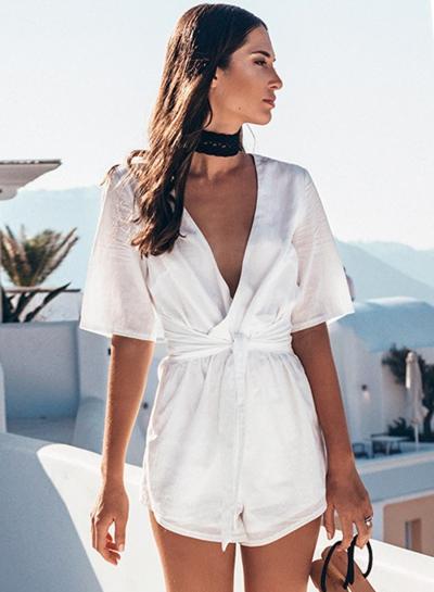 Oasap Deep V Neck Short Sleeve Tie Waist Romper