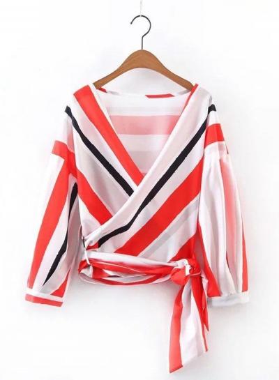 Oasap V Neck Long Sleeve Stripped Blouse