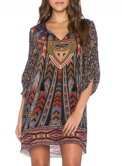 Oasap Women's Vintage V Neck 3/4 Sleeve Print Mini Dress
