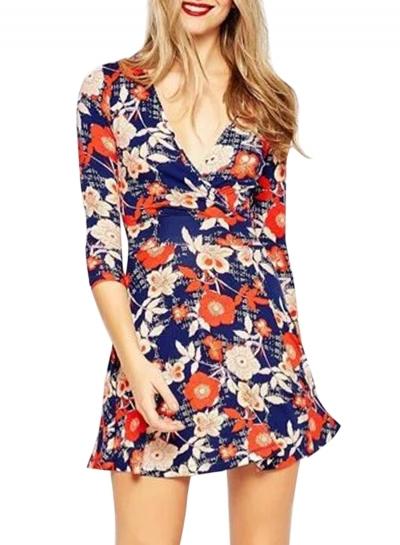Oasap Women's Casual V Neck 3/4 Sleeve Floral Print Pullover Mini Dress