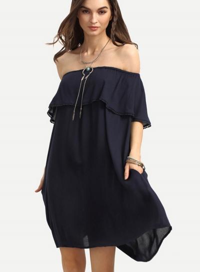Oasap Off Shoulder Short Sleeve Ruffle Mini Dress