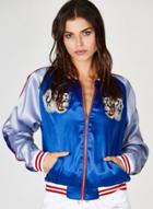 Oasap Women's Tiger Embroidery Contrast Color Bomber Jacket