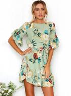 Oasap Round Neck Flounce Sleeve Floral Printed Dress