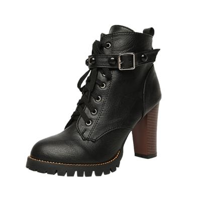 Oasap Round Toe Lace Up Block Heels Ankle Boots