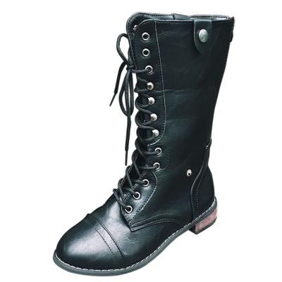 Oasap Round Toe Lace Up Block Heels Mid-calf Boots