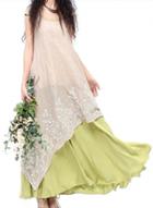 Oasap Cap Sleeve Floral Embroidery Maxi Linen Dress